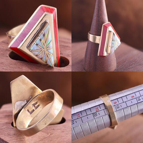 Vintage Larry Castillo Navajo Brass Coral Opal Inlay Brutalist SW Ring Size 9.25 - Picture 9 of 11